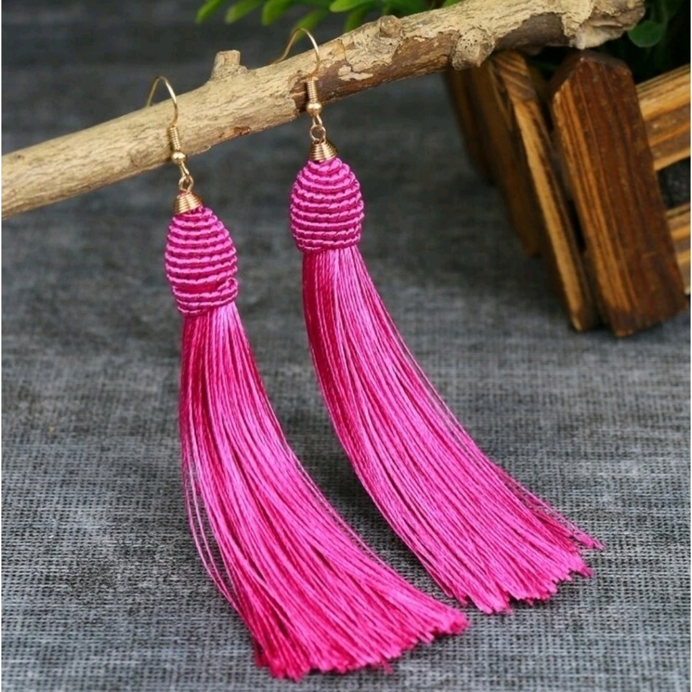 Gold pink long earrings boho tassel Fringe barbie cocktail party prom 💖2/$30